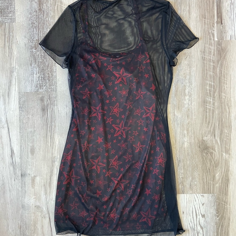 Sheer Black Dress with Red Star Pattern